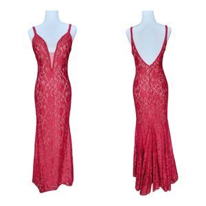 Xscape Red Lace Gown with Embellished Sparkles Mermaid Cut Plunge Neckline Sz 6